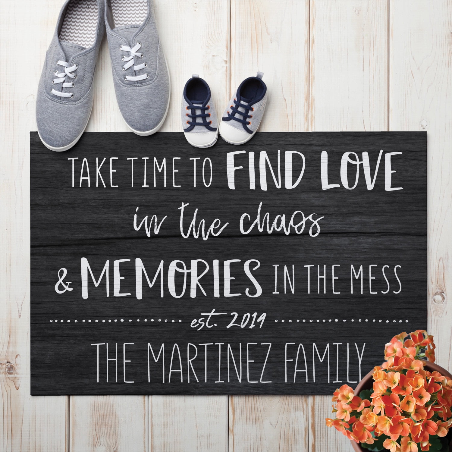 Personalized Planet 27x18 Take Time To Find Love in the Chaos and Memories Doormat with Custom Personalization Printed on Gray Rectangular 1/4” Thick Non Slip Mat for Kitchen Hallway Deck or Porch