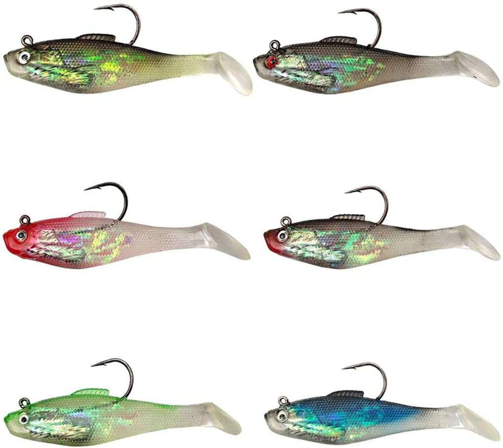 6PCS Soft Big Tail Swimbait Bait Bass Jig Head Fishing Lures Treble hooks 3DEyes
