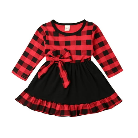 

Toddler Baby Girls Christmas Plaid Dress Long Sleeve Bowknot Ruffle Princess Dresses Outfits