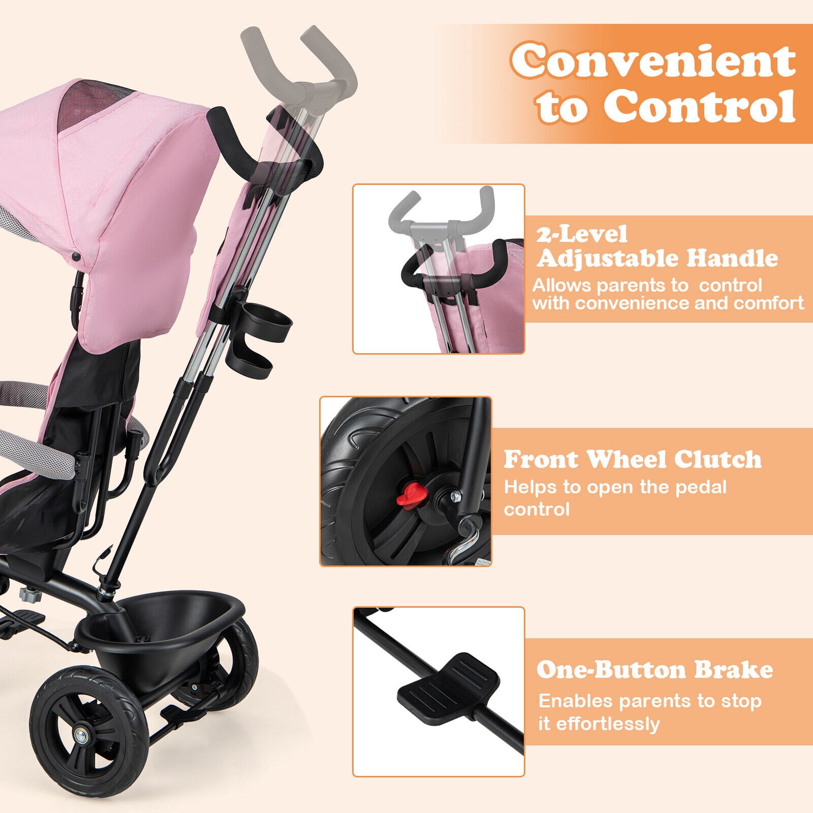 Amijoy 4-in-1 Kids' Tricycle Stroller, Toddler Push Bike with Adjustable Push Handle, Reversible Seat, Folding Canopy & Detachable Guardrail