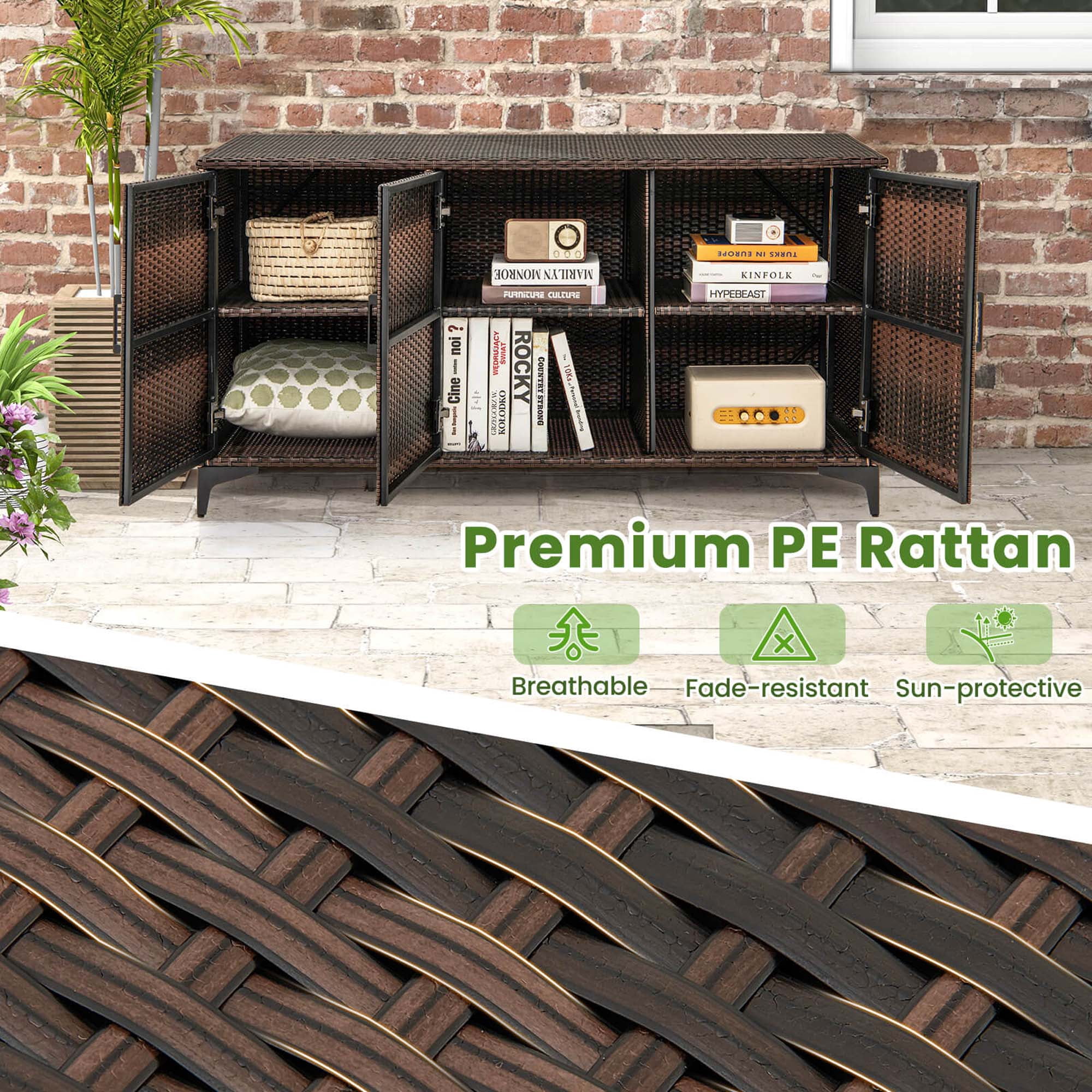 Costway 84 Gallon 3-Door Patio Wicker Storage Cabinet Deck Box with Removable Shelves Brown