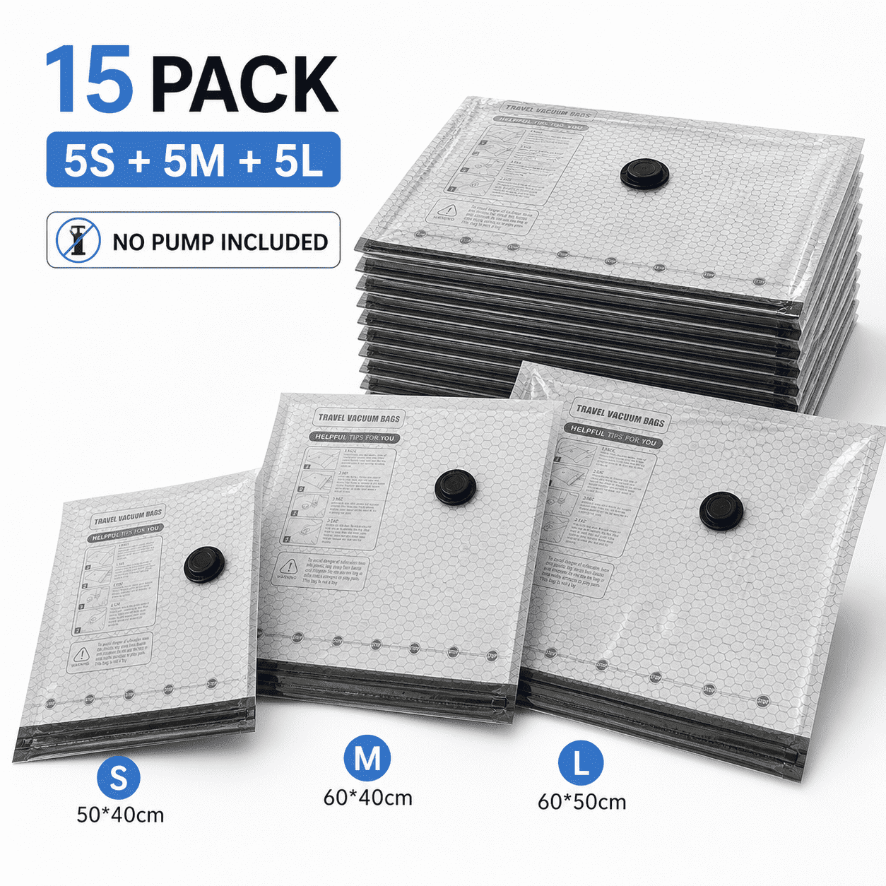 PKALQ vacuum storage bags , Space Saver Vacuum Bags, 15 Pack Carry-on Size Compression Packing Bags for Luggage and Suitcase, Space Saver for Clothes and Clothing Travel
