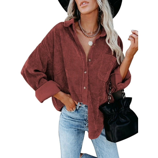 Camisa Para Mujer Casual Manga Larga Camisa De Pana Color SoLido BotoN Abajo Abrigo Con Bolsillos XBTCLXEBCO L Vino Rojo Walmart en linea