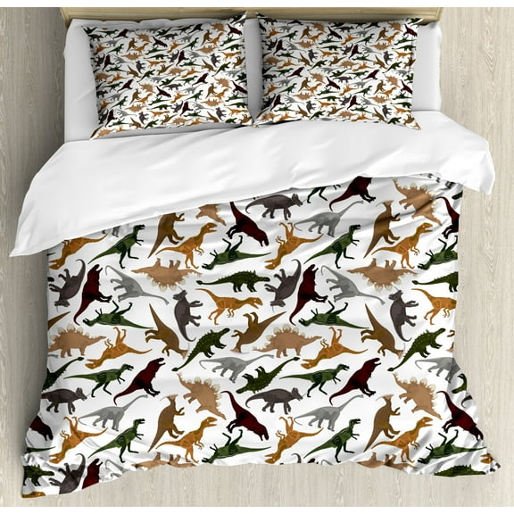 Jurassic Duvet Cover Set, Pattern Dinosaurs Enormous Museum History Cartoony Illustration, Decorative 3 Piece Bedding Set with 2 Pillow Shams, Calking Size, Dark Orange Burgundy, by Ambesonne