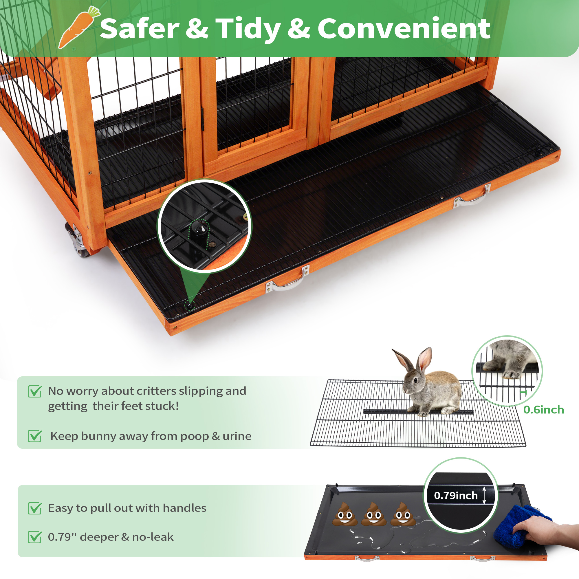 COZIWOW Rabbit Cage Indoor with Wire Bottom, 2-Level Large Wooden Bunny Hutch on Wheels Outdoor for Multiple Small Animals, Orange + Colorful Patterns