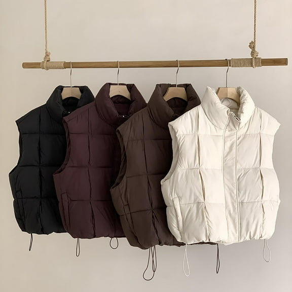 FRSASU Women's Cotton Vest Fall/Winter Casual Stand Collar Solid Sleeveless Hoodless Casual Jackets Outerwear White XL(XL)