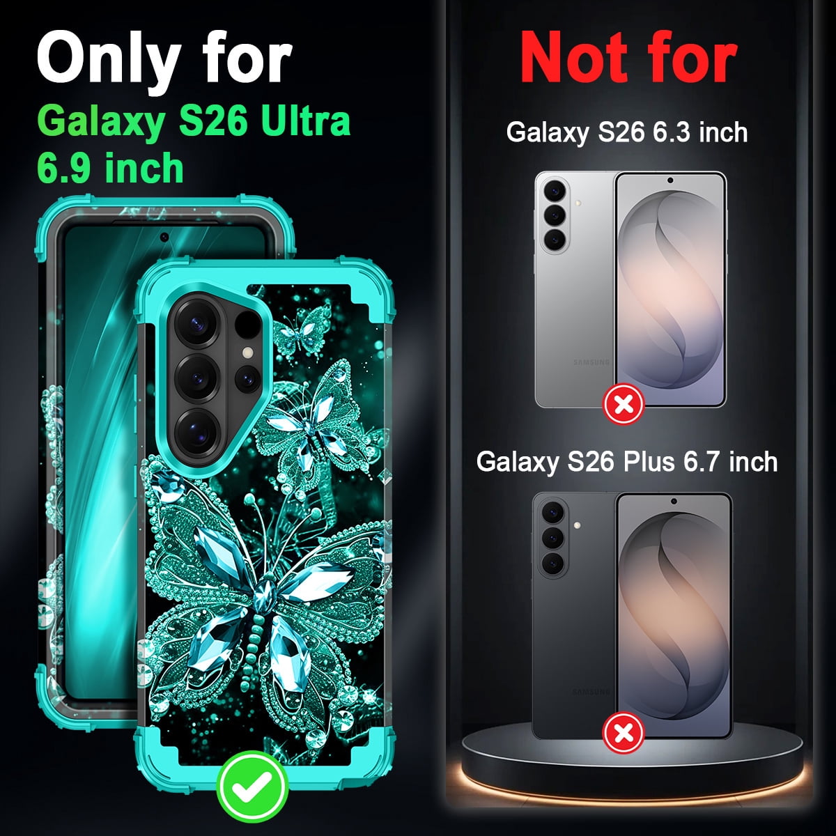 Casetego for Samsung Galaxy S26 Ultra 5G Case,Glow in The Dark Three Layer Heavy Duty Sturdy Shockproof Protection Rugged Hard PC+Soft TPU Bumper Case for Galaxy S26 Ultra,Green Black Butterfly