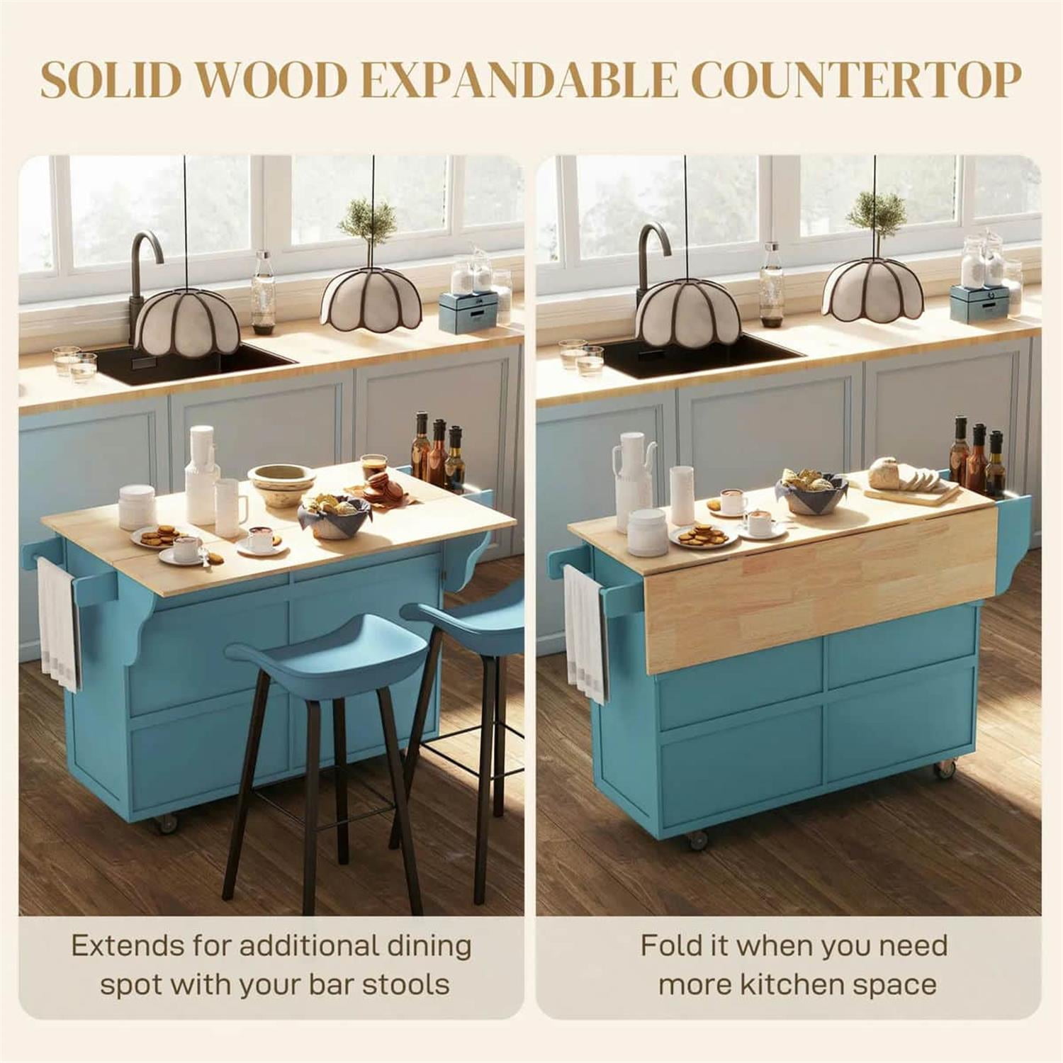 Demi Bonn 57" Rolling Kitchen Island with Drop Leaf, Mobile Cart in Rubber Wood, 2 Drawers & 2 Cabinets, Island Table for Kitchen & Dining, Blue