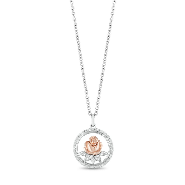 Disney Jewels Sterling Silver Diamond Princess Belle Rose Pendant Necklace  