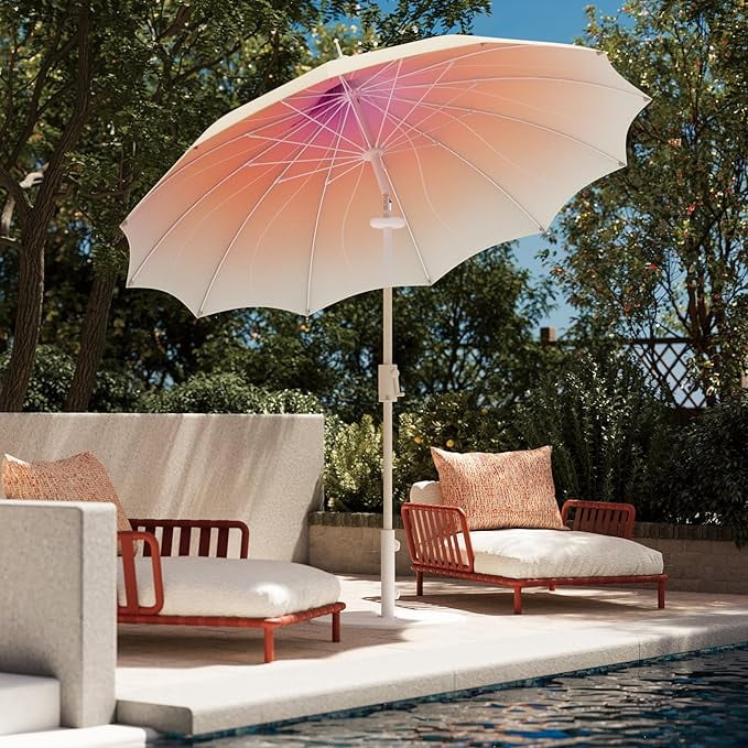 KAMEROUT 9ft Pagoda Patio Umbrella with Petal Shape Canopy, Market Umbrella with Push Button Tilt & Easy Crank, Gradient Beige