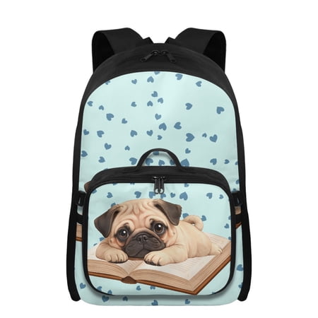 Uourmeti Pug Backpack and Lunch Box Combo for Boys Ages 8-12,17in Lightweight School Bookbag,Compartments with Zipper Pocket Shuolder Straps,for Summer Camp Daycare Travel