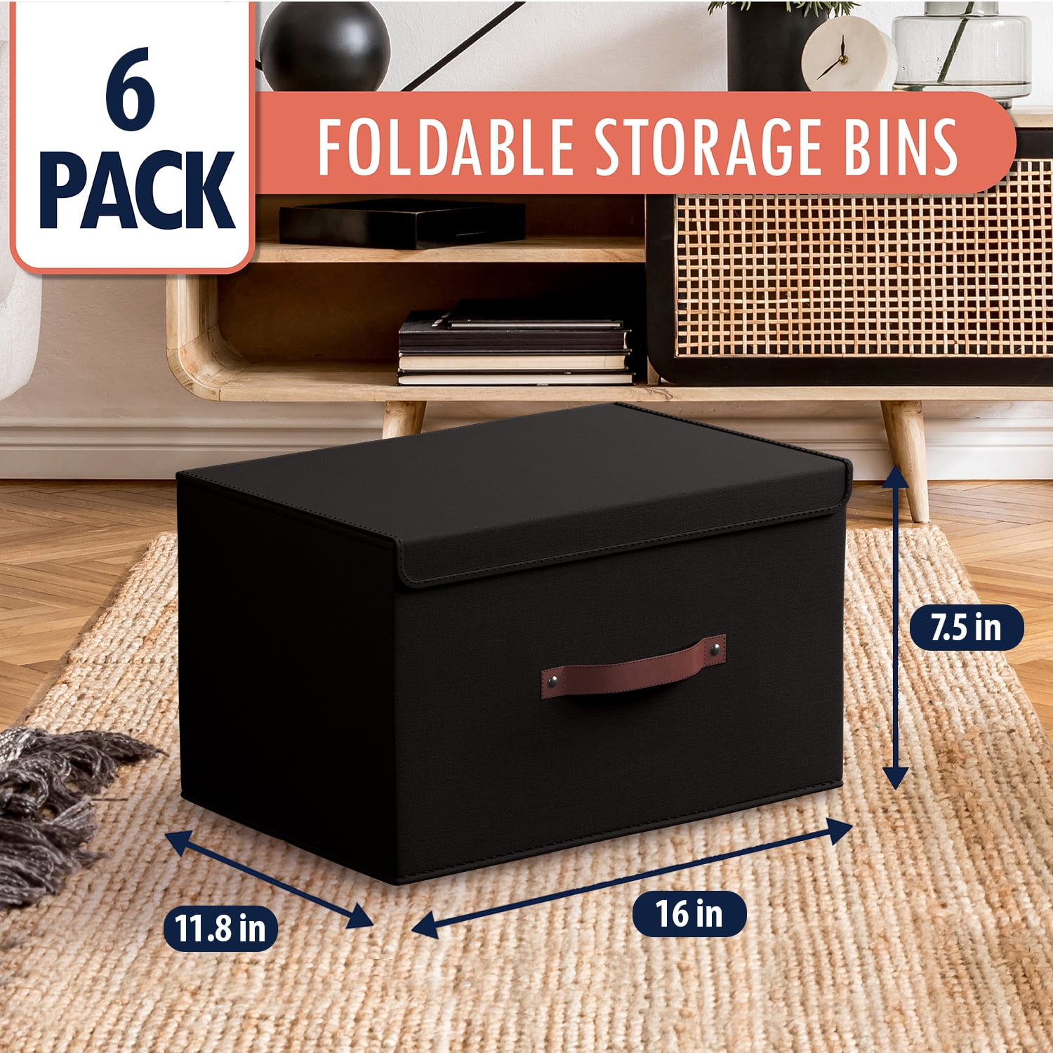 Ornavo Home Foldable Collapsible XLarge Storage Box Bins Linen Fabric Shelf Basket Cube Organizer with Leather Handles and Lid - Set of 6 - 16.5 x 11.8 x 7.5