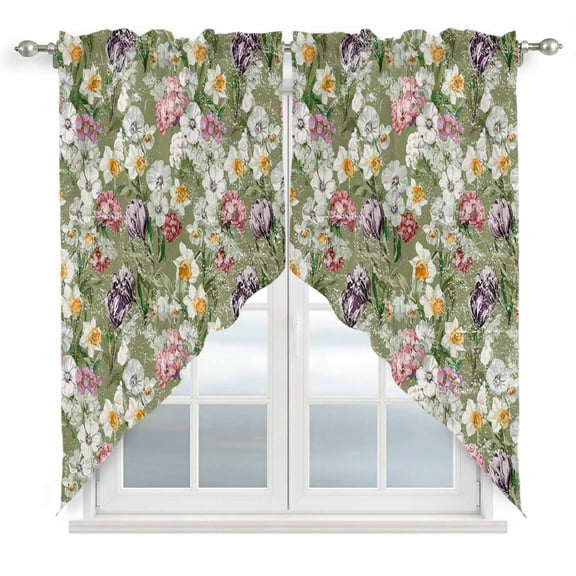 Sage Green Botanical Swag Curtains for Living Room/Bedroom, Spring Floral Summer Botanical Vintage Swag Kitchen Curtain Valances for Windows, Tier Topper Scalloped Curtain 2 Panels, 72"W x 45"L