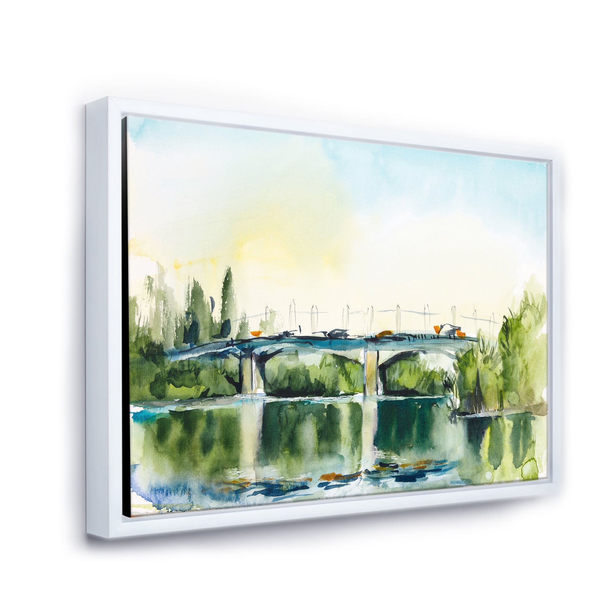 Designart 'Landscape With Old Bridge Over River In The Countryside' Traditional Framed Canvas Wall Art Print