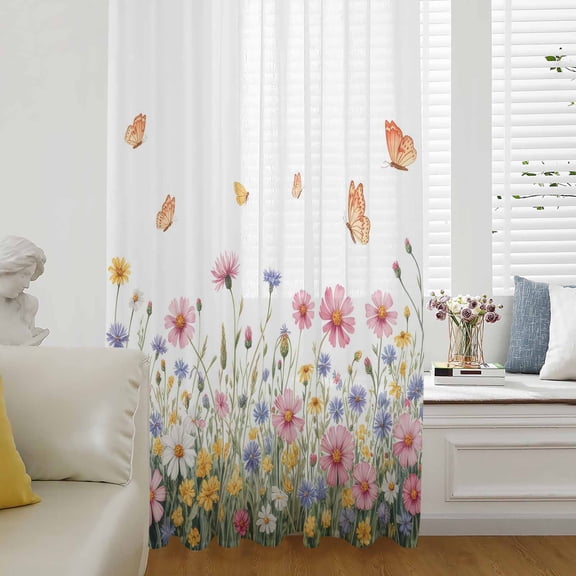 Wild Flowers Semi Sheer Curtains Drapes for Living Room,Bedroom,French Doors Window 108 Inches Long,Spring Butterfly Watercolor Country Floral Rod Pocket Chiffon Curtain Drapery Voile Draperies Panel