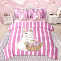 Feelyou Cute Flower Rabbit Bedding Comforter Set 7 Pieces for Girl, Cartoon Easter Egg Full Bedding Set, Pink Stripe Line Reversible Fitted Sheet Flat Sheet, Breathable Home Decor