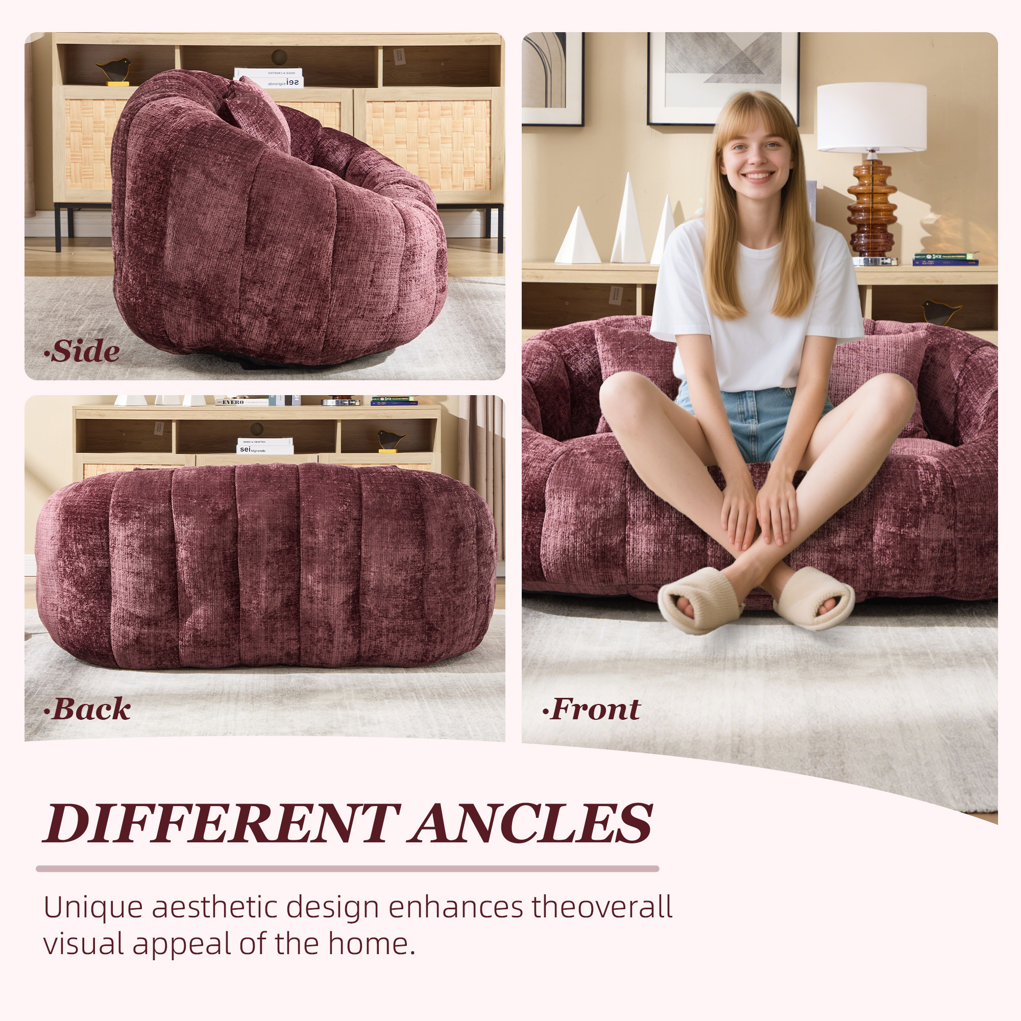 MOONMISS Large 59'' Bean Bag Chair for Adults,Chenille Shell-Shaped Couch with Two Pillows,Oversized Single Sofa,Wine Red