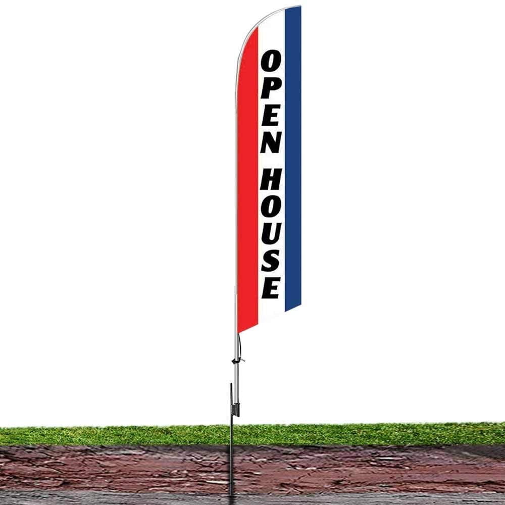 Open House for Real Estate Red/Blue Advertising Feather Flag Banner Sign - Complete 15ft Pole kit, Ground Spike and Carry Bag.