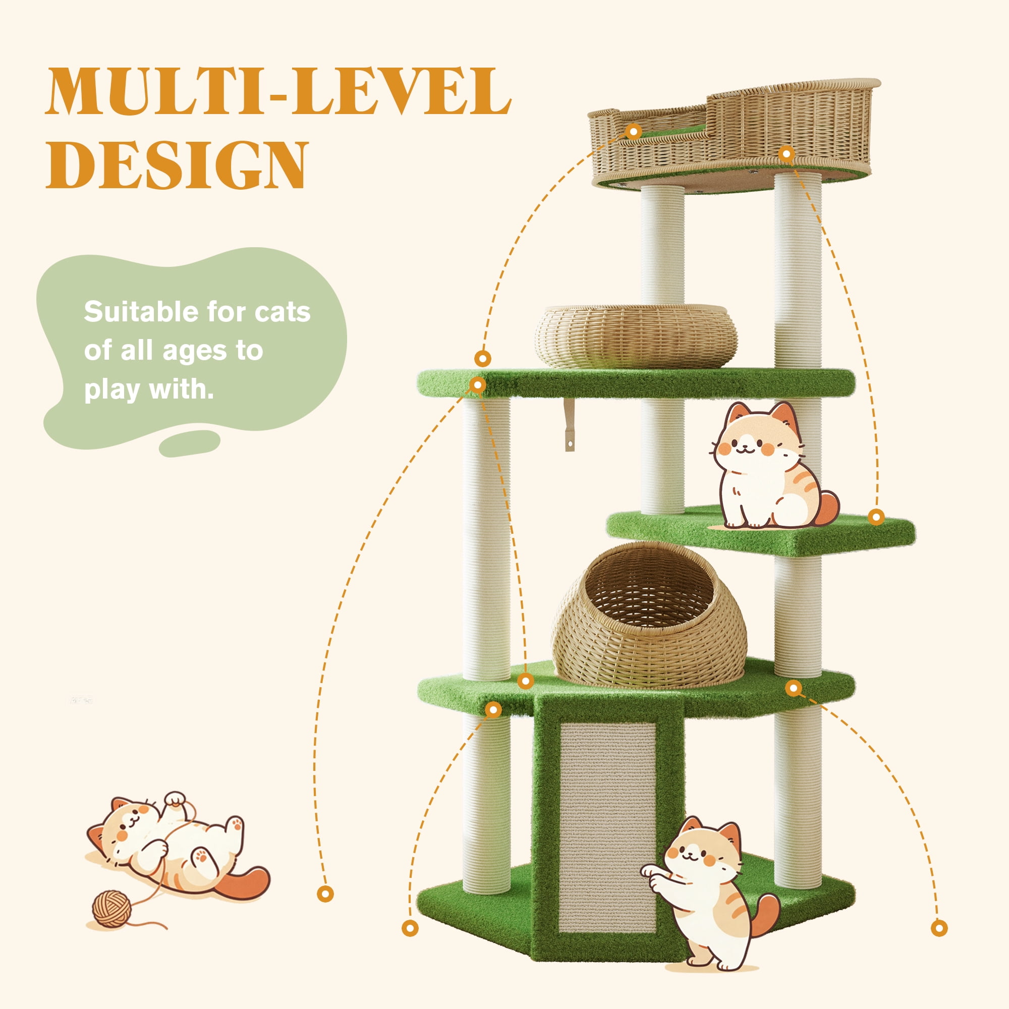 Amolife 57"Large Cat Tree Tower with Teddy Fleece Rattan Condo, Scratching Ramp and Posts for Indoor Cats and Kittens, Green