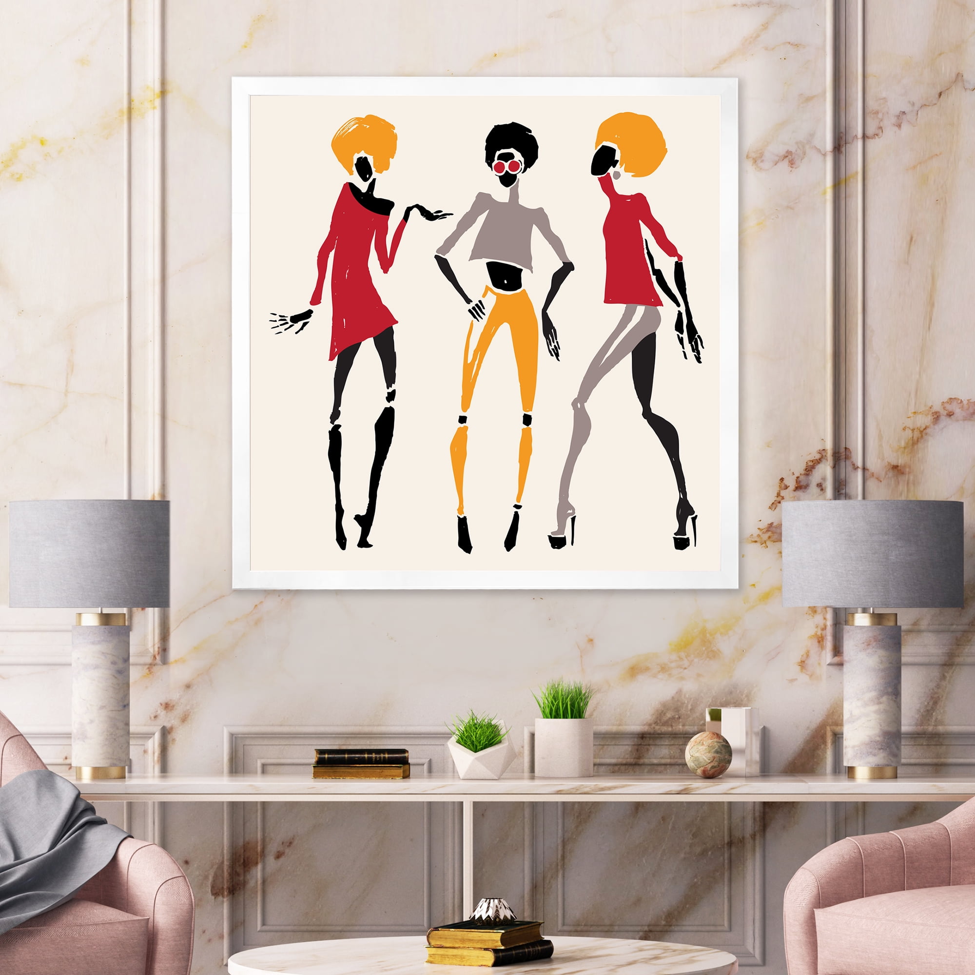 Designart 'African American Women Silhouettes Red and Yellow I' Modern Framed Art Print