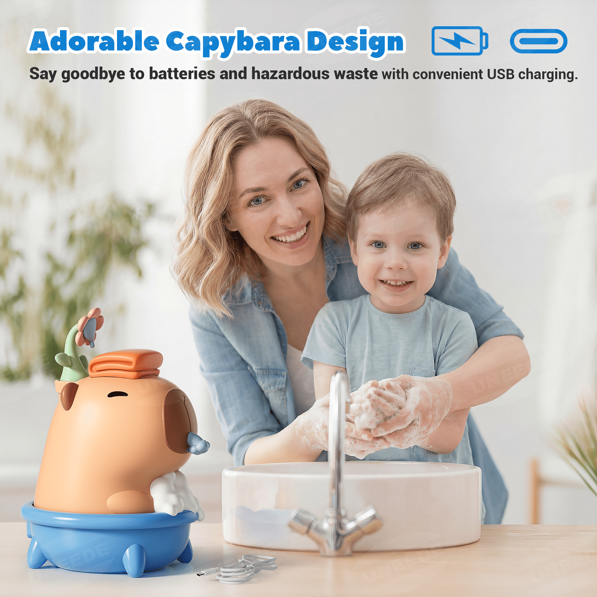 UNEEDE Capybara Soap Dispenser, Automatic Touchless Foaming with Advanced Sensor, IP7 Waterproof, Portable & Wall Mount Rechargeable, 9.5oz/280ml, Cute Soft Silicone Design for Bathroom, Decor Gifts