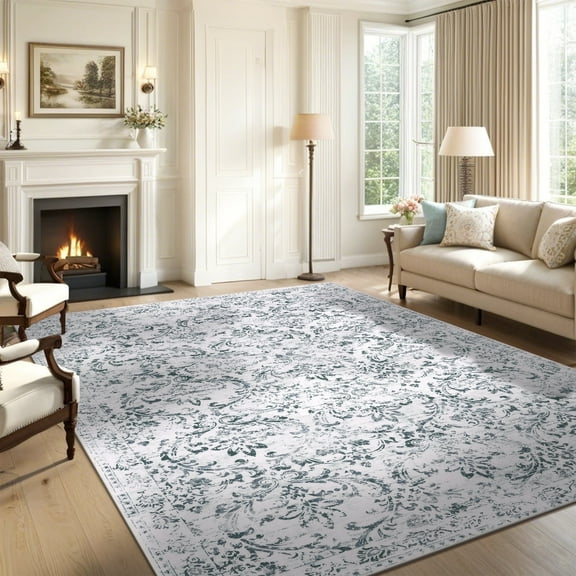 MeyJey 8'x10' Boho Traditional Large Area Rug, Vintage Distressed Machine Washable Throw Rug, Non-Slip Stain Resistant Oriental Carpet for Living Room Bedroom Dining Room Office, Blue/Gray