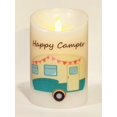thumbnail image 1 of "Happy Camper" (Aqua Blue) Moving Flame LED Candle - White Wax - Indoor - 3.5" x 5" - Blow "OFF" / Blow "ON" - Remote Enabled, 1 of 7