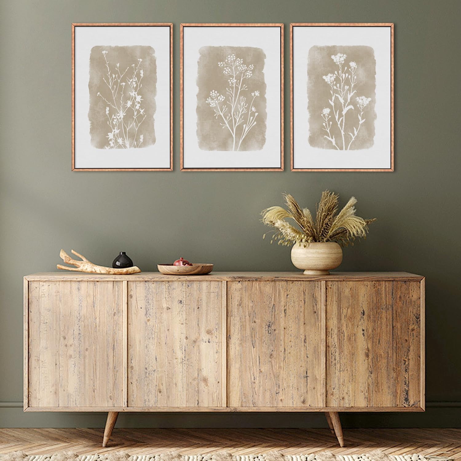 Botanical Farmhouse Wall Art Set, Framed Boho Plant Wall Decor, Neutral Minimalist Floral Wall Painting, Rustic Wildflower Canvas Art Prints for Living Room, Bedroom, Bathroom - Large 16"x24"x3