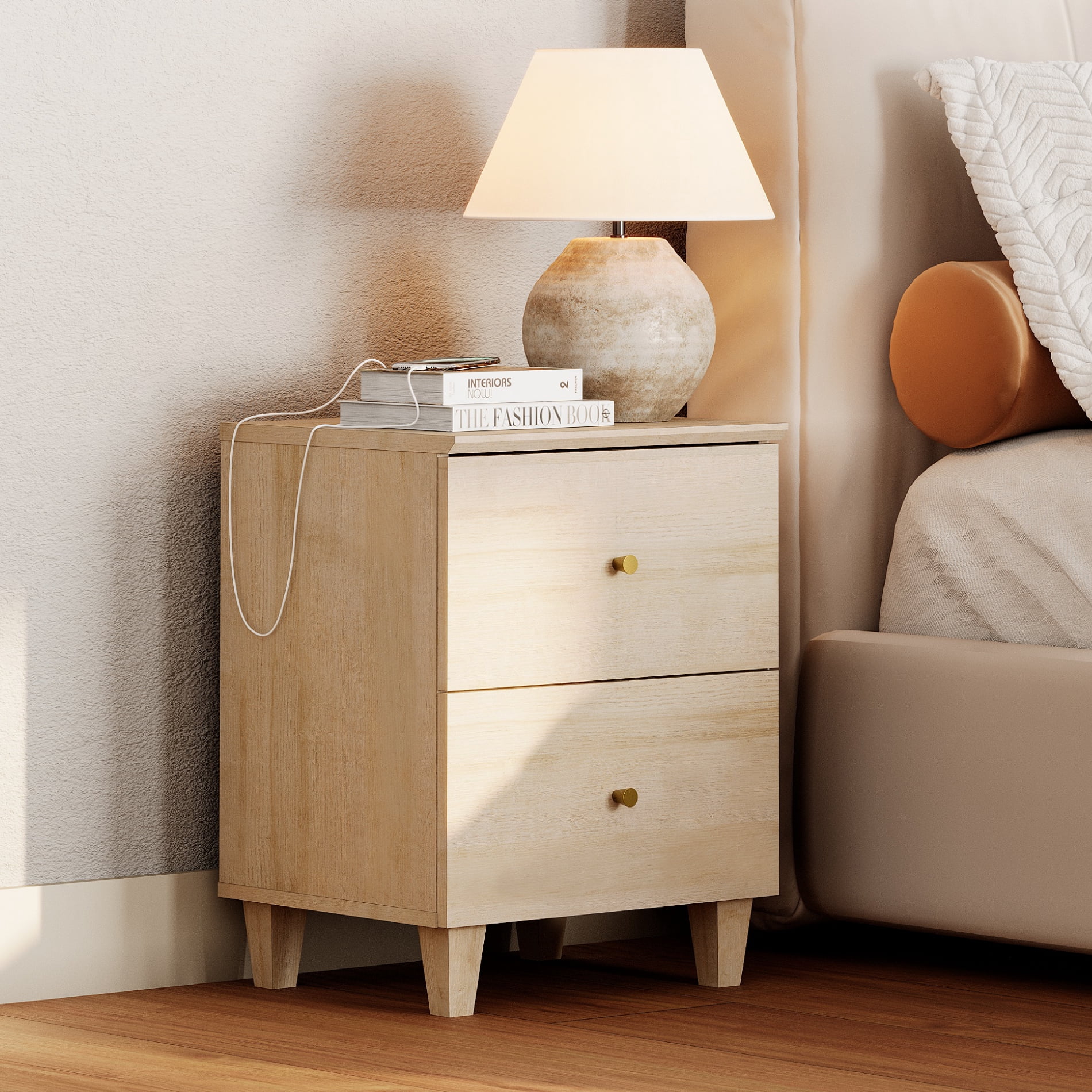 WAMPAT Modern Nightstand with Charging Station, Wooden End Table with 2 Large Drawers, Small Bedside Table for Bedroom, Natural Oak