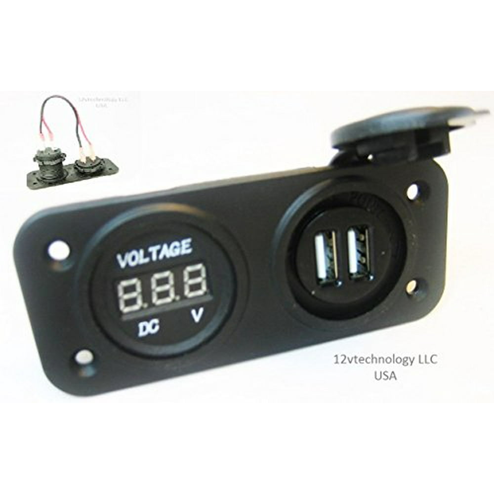 Dual USB Charger and Voltmeter Volt Meter Panel Mount Marine 12 V