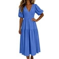 thumbnail image 2 of Ayolanni Short Sleeve Spring Dresses for Women Solid Puff Sleeve Smocked V-Neck Maxi A-Line Dress Knee Length Wedding Guest Dressy Party Ruffle Sundress Blue XL, 2 of 7