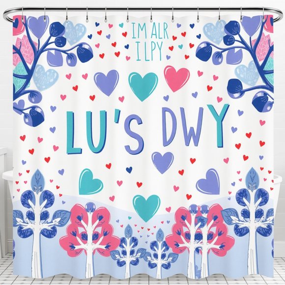 Colorful Heart Pattern Shower Curtain with Trees - "IM ALRY ILPY" & " 'S DWY"