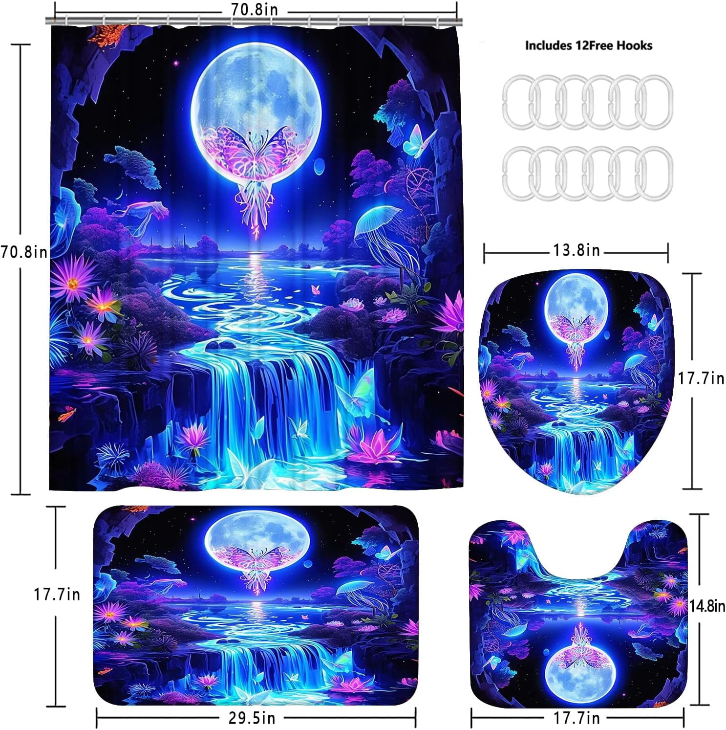 4PCS Mushroom Bathroom Shower Curtain Set with Rugs, Toilet Lid Cover and Bath Mat, Moon and Stars with 12 Hooks, Durable Bathroom Decor Set 701.9x70.9in