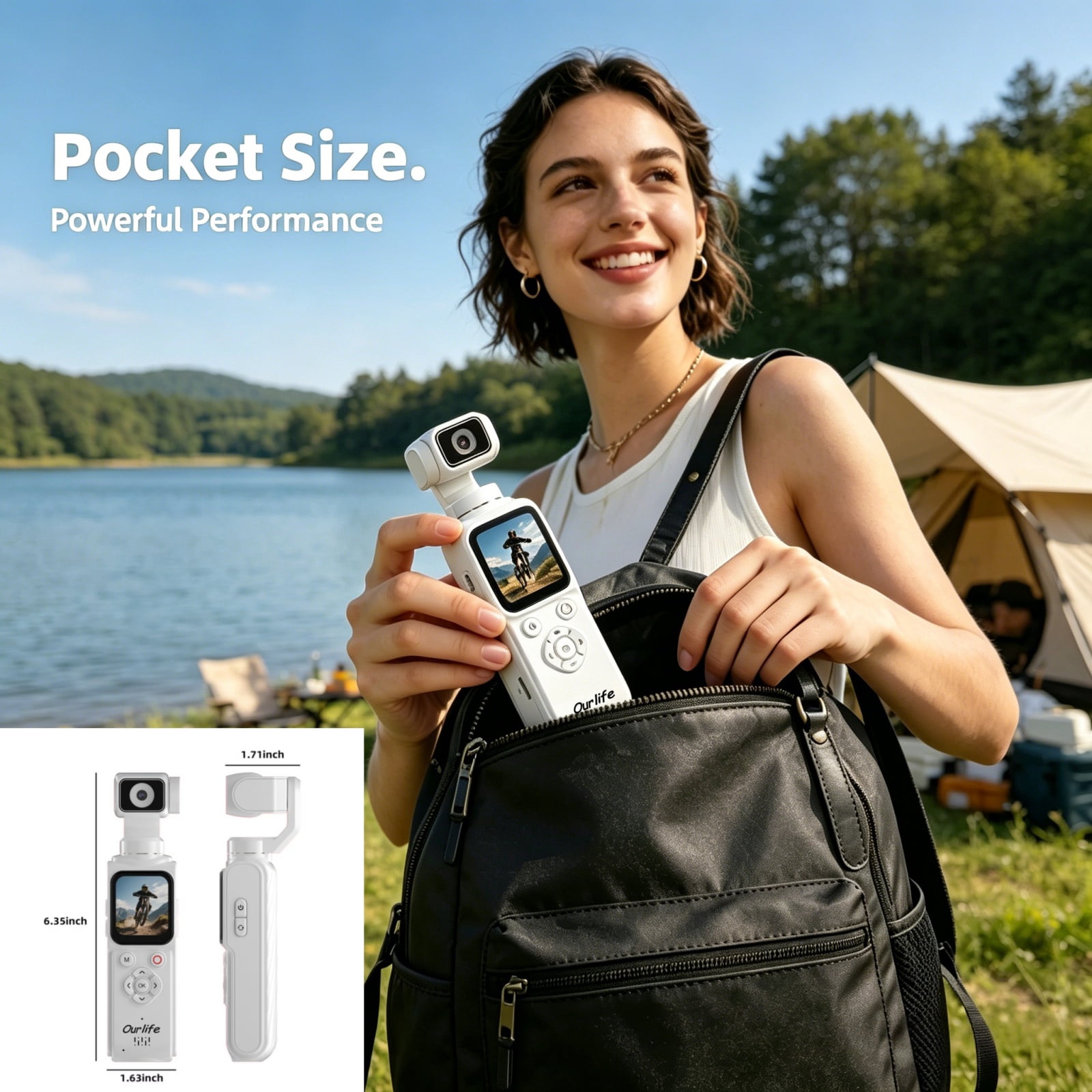 Ourlife 4K Pocket Gimbal Camera for Vlogging, 64MP Autofocus Camera with Face Tracking, Touchscreen, WiFi, 64GB Card, White