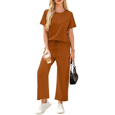 OIOLOYJM Travel Clothing for Women Two Piece Lounge Set Short Sleeve Crew Neck Top Wide Leg Crop Pants Vacation Beach Spring Summer Travel Pants Set Red S