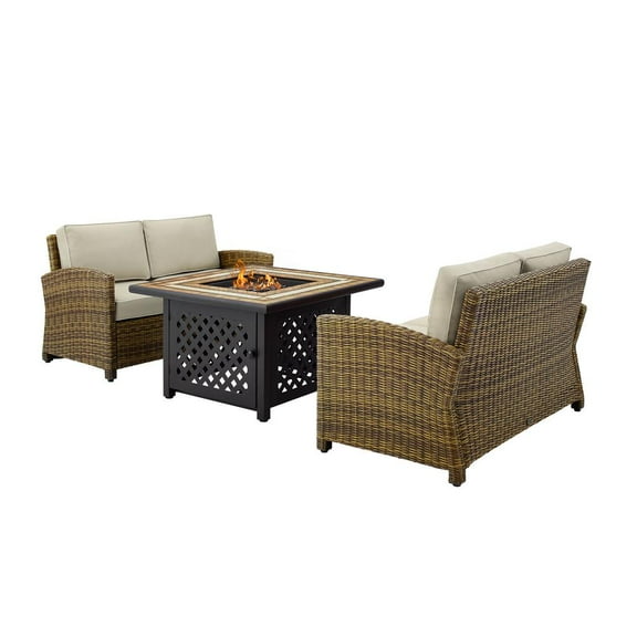 Crosley Furniture Bradenton 3Pc Metal Patio Fire Pit Sofa Set in Brown and Sand