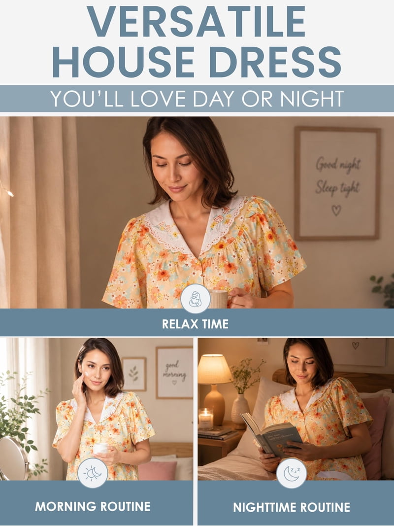 Casual Nights, House Dress, Short Sleeve, Pockets, Mid-Calf