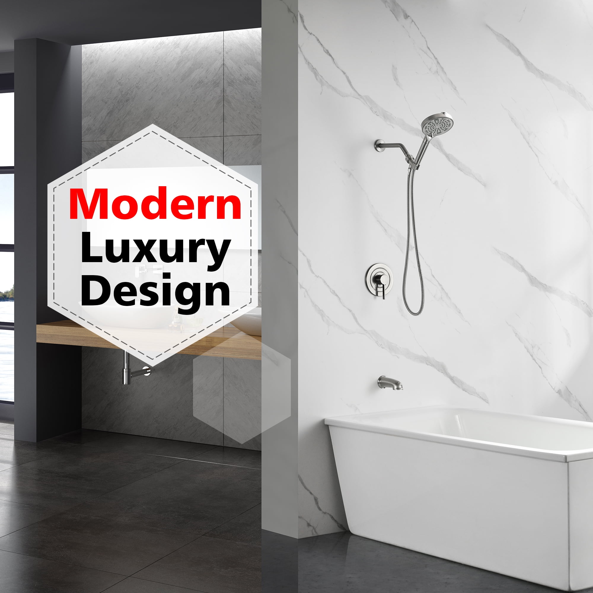 SUMERAIN Brushed Nickel Shower System with Tub Spout, High Flow Shower Bathtub Faucet Set with 6-Spray Filtered Shower Head