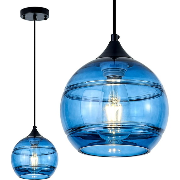 Blue Glass Pendant Light,Glass Round Shade Pendant Lighting Fixture for Kitchen Island, Sink, Counter, Bar, Dining Room, Matte Black Finish 2 Pacs