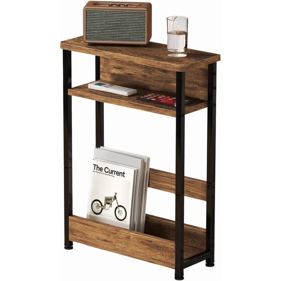 3-Tier Side Table with Drawer and Magazine Rack,Slim Space-Saving End Table,Modern Wood & Metal Storage Nightstand for Living Room,Bedroom,Small Space