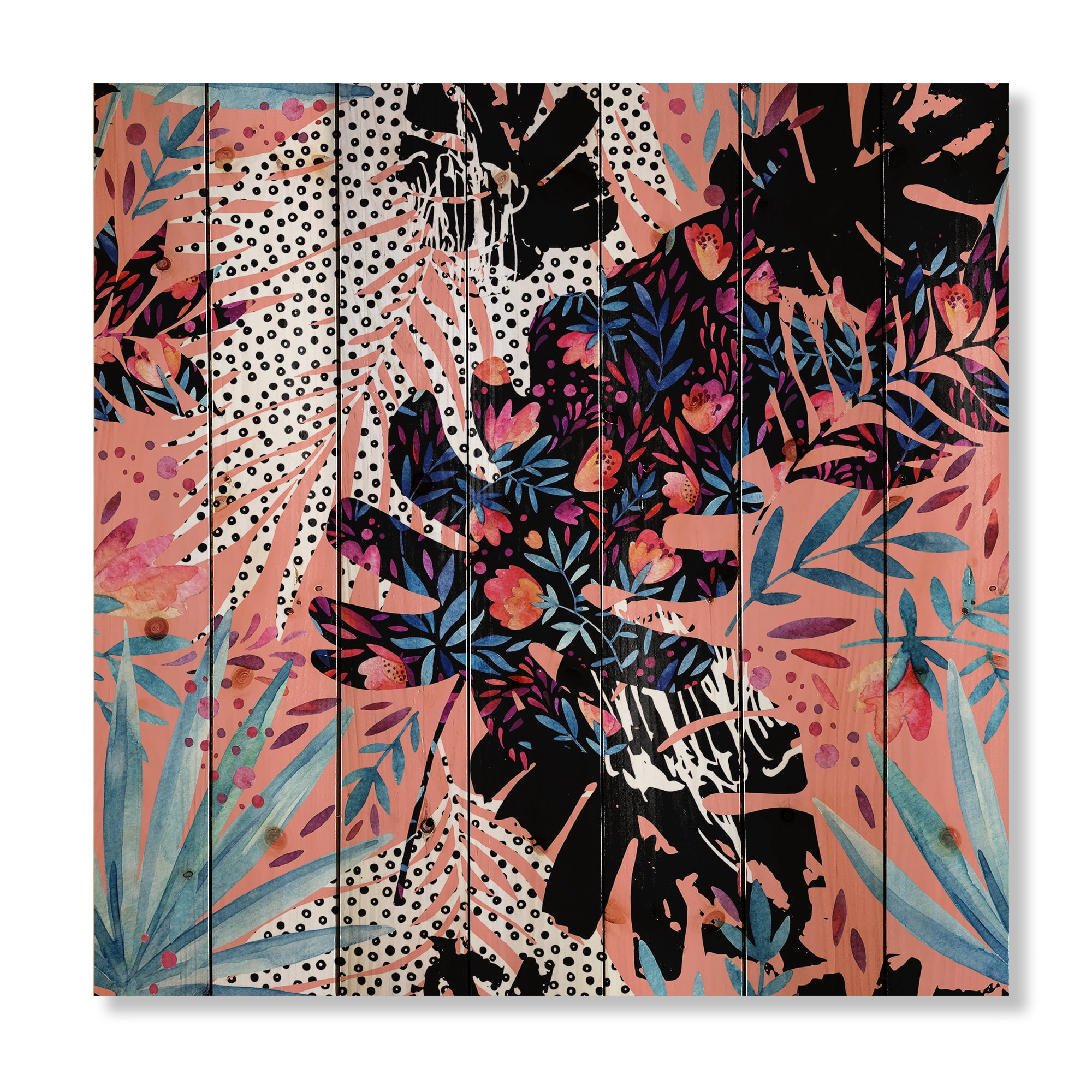 Designart 'Abstract Tropical Floral Patchwork II' Tropical Print on Natural Pine Wood