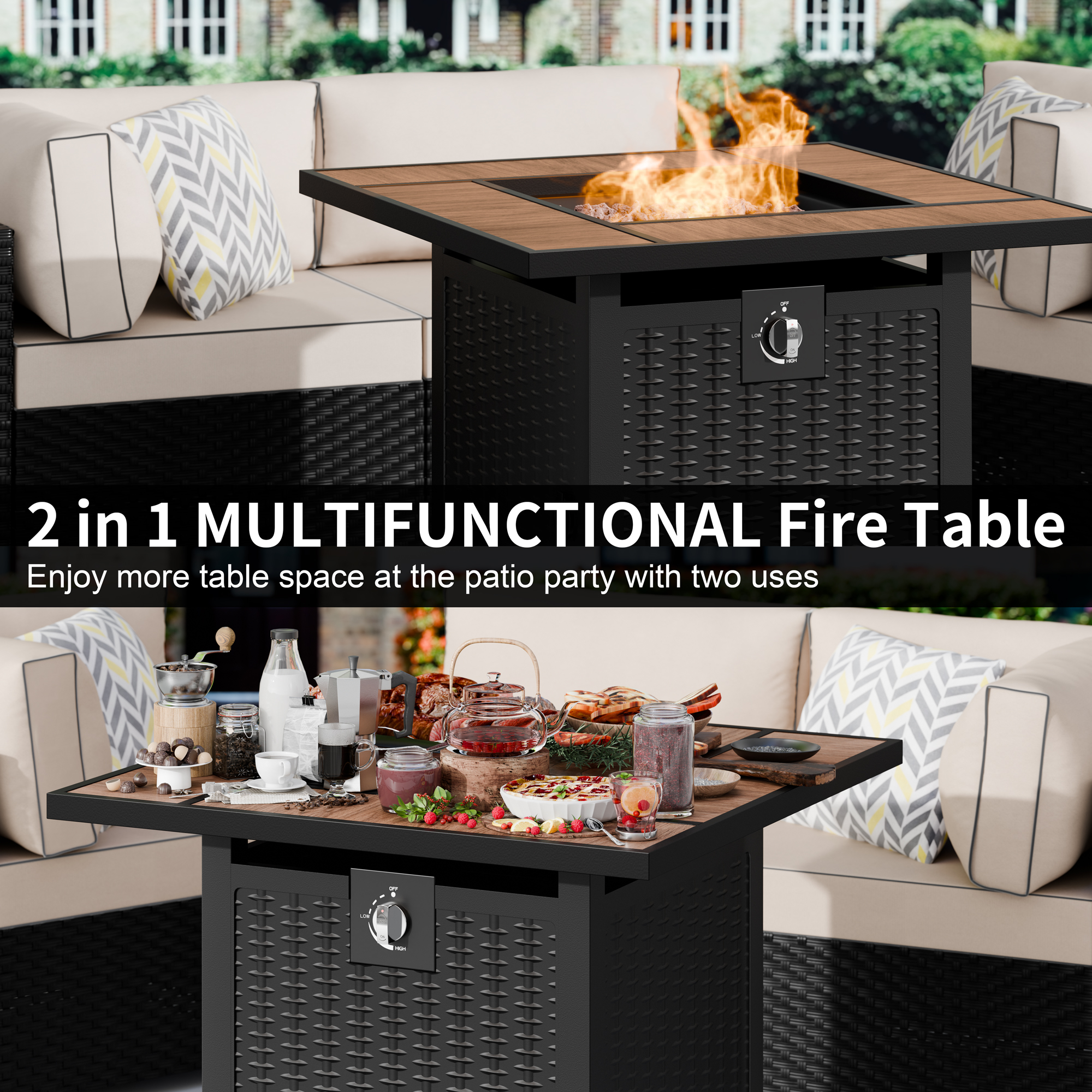Walsunny 30" Propane Gas Fire Pit Table 50,000 BTU Square Outdoor Wicker Walnut Wood - image 2 of 9