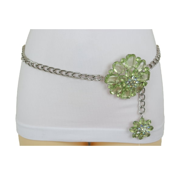 Women Silver Metal Chain Links Hip Waist Belt Green Flower XS S M