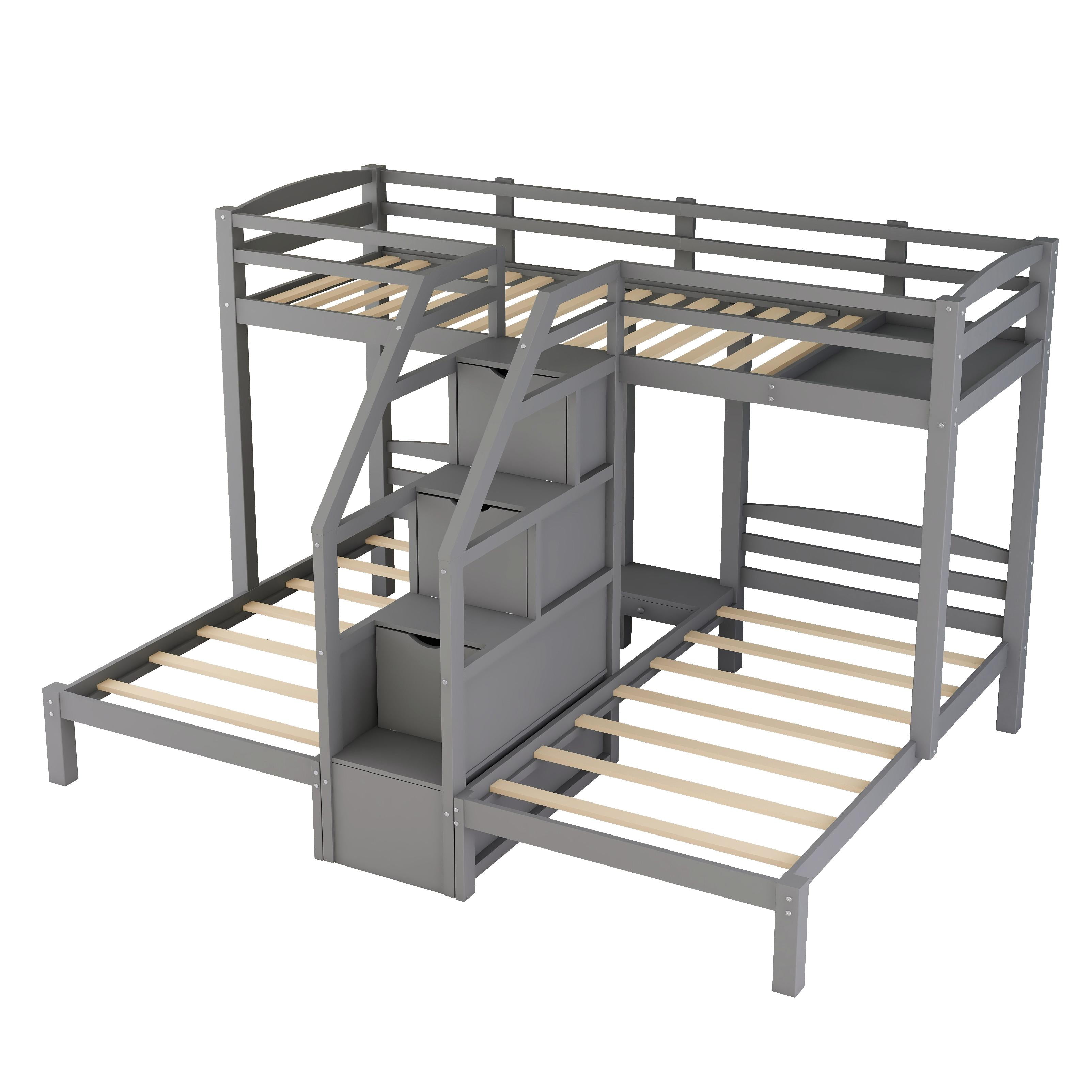 EUROCO Twin over Twin & Twin Bunk Bed with Staircase and Drawers for Kids Teens Bedroom, 3-in-1 Bunk for More Kids, Storage Staircase, Gray