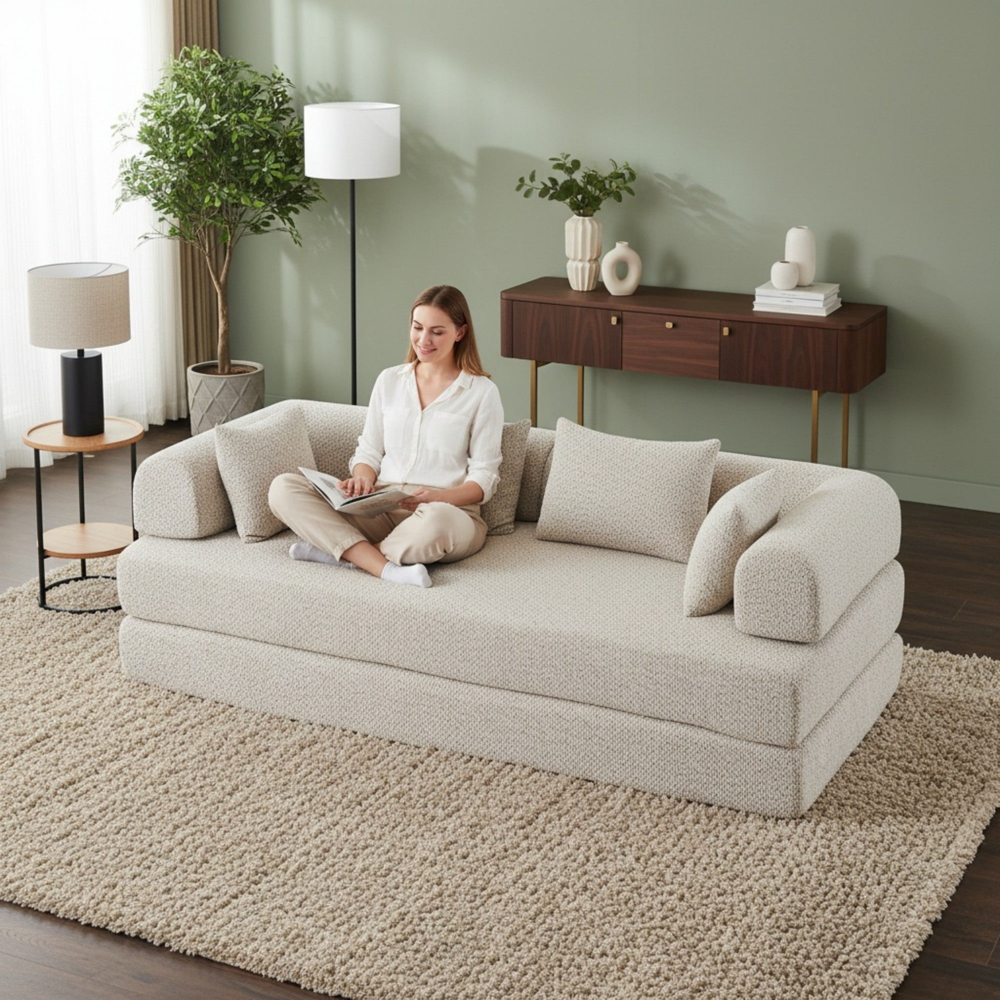Sailvan 78.9" Convertible Sleeper Sofa, Modular Chenille Folding Mattress Sofa Bed with 4 Pillows, No Assembly Floor Lounge for Living Room khaki