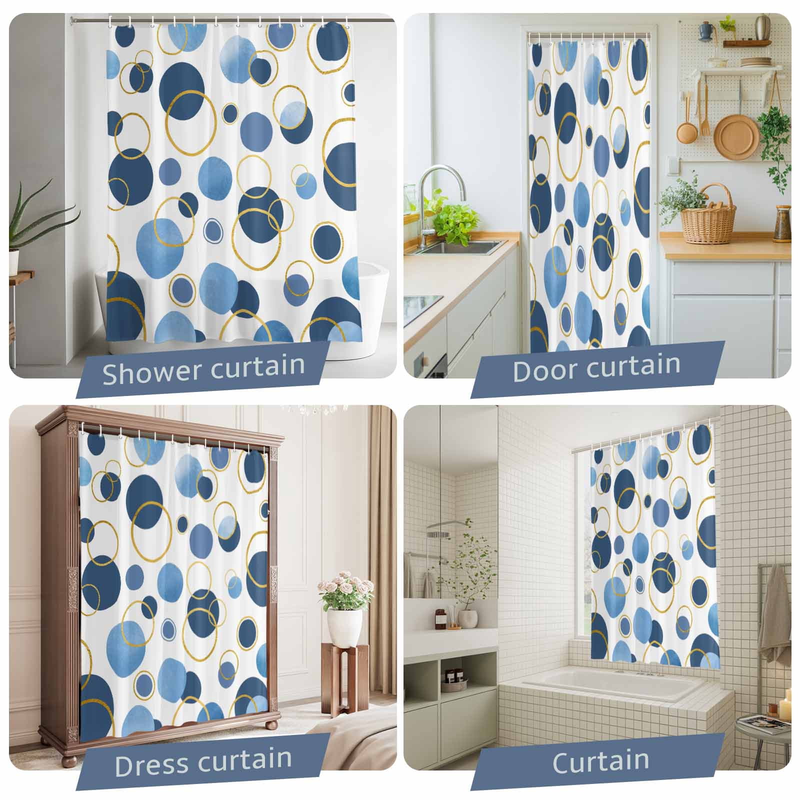 Blue Polka Dots Shower Curtain Set, Waterproof Shower Curtains for Bathroom, Modern Abstract Art Washable Fabric Cloth Bath Curtain for Bathtub Decoration with Hooks 54x78 Inches Geometric