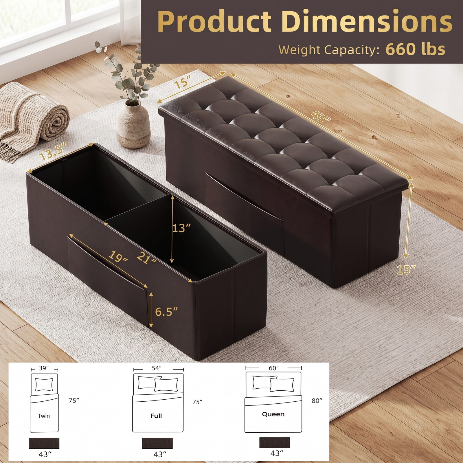 Furnibear 43 Inch Folding PU Leather Storage Ottoman Bench with Divider and Side Pocket for Living Room, Bedroom and Entryway, Brown