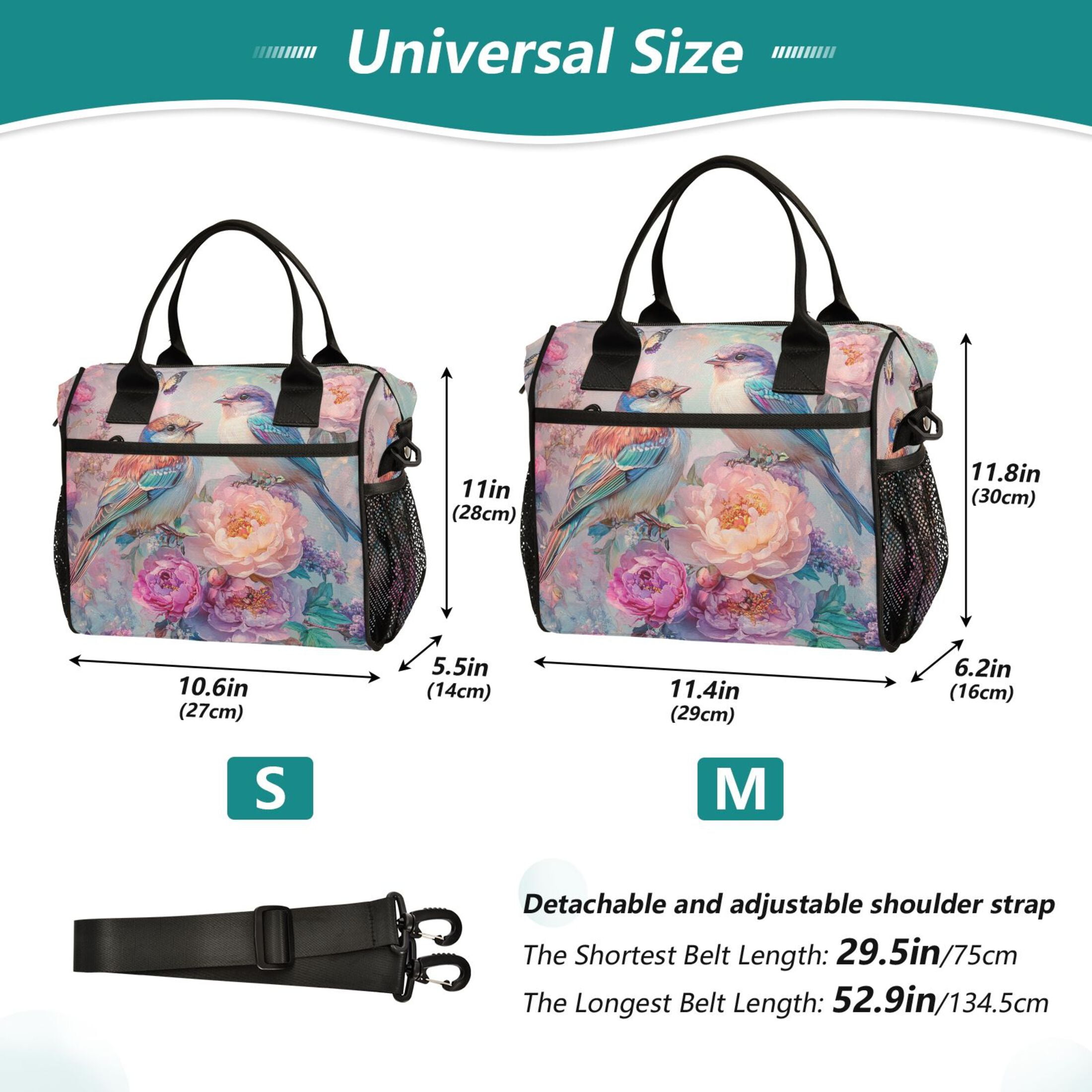 YAZAOO Lunch Bag Creative Butterflies Colorful Birds Flowers Cooler bag with Shoulder Strap
