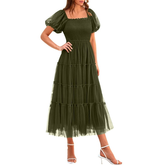 Women's Flowy Smocked Midi Tulle Dress 2025 Summer Puffy Short Sleeve Square Neck Tiered Wedding Guest Party Dresses