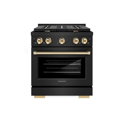 ZLINE Autograph Edition 30 in. 4.2 cu. ft. Paramount Gas Range with 4 Burner Cooktop and Convection Gas Oven in Black Stainless Steel and Polished Gold Accents (SGRBZ-30-G)